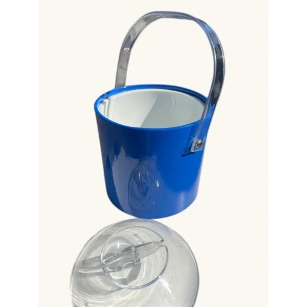 Vintage Blue Insulated Ice Bucket with Clear‎ Acrylic Handle and Lid MCM Barware